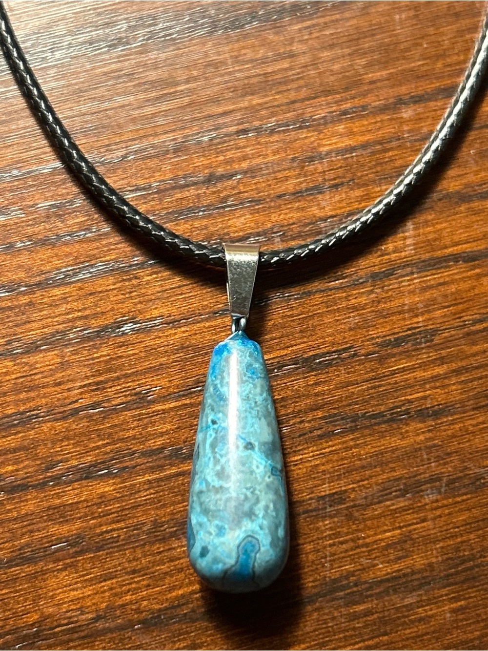 Blue Teardrop Chrysocolla Stone Pendant Necklace with cord. Nature Boho